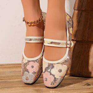 NEW! Floral Sequin Mary Jane Flats Sz 6